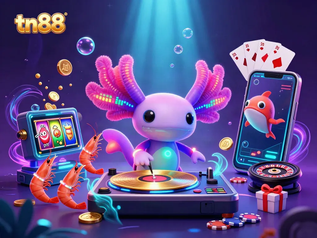 Engage in tn88 slot games with a vibrant axolotl DJ and dancing shrimp in a dynamic 3D casino scene.