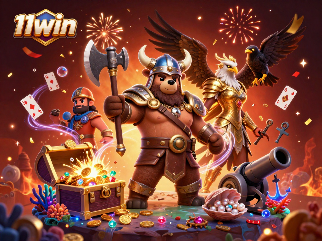 Experience the thrill of 11win with lively casino adventure featuring bears, cards, and treasure.