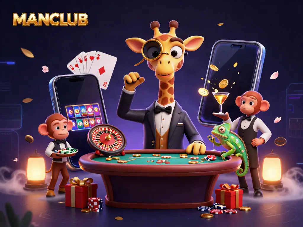 Experience excitement at MANCLUB with a vibrant 3D casino scene featuring playful characters and dynamic gaming elements.