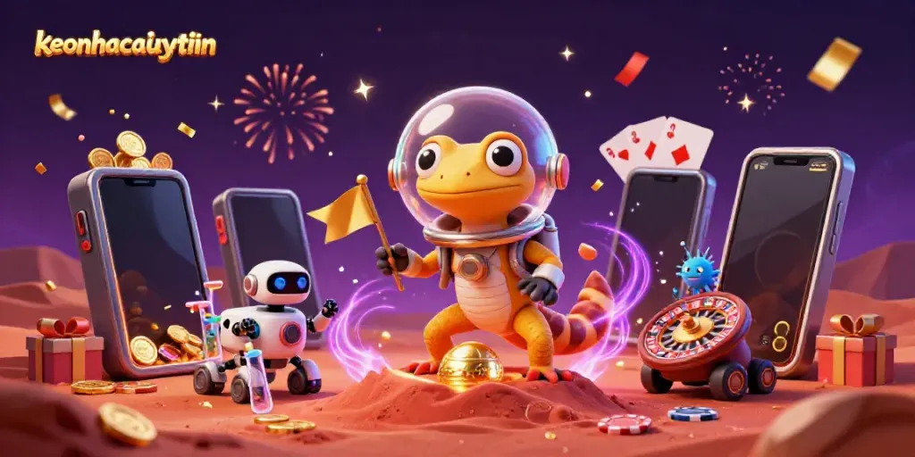 Engage with keonhacaiuytinn as a Martian gecko discovers a golden casino amid Mars sand, vibrant gaming elements abound.