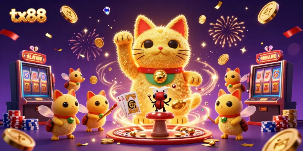 Experience luck at tx88 with our vibrant casino scene featuring a lucky cat and dazzling gaming elements.
