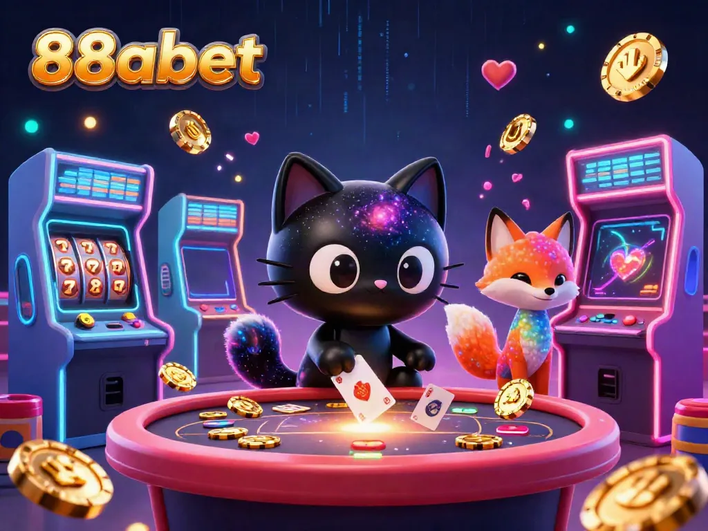 Experience 88abet's cosmic casino environment pulling in golden chips and cards, showcasing vibrant gaming elements.