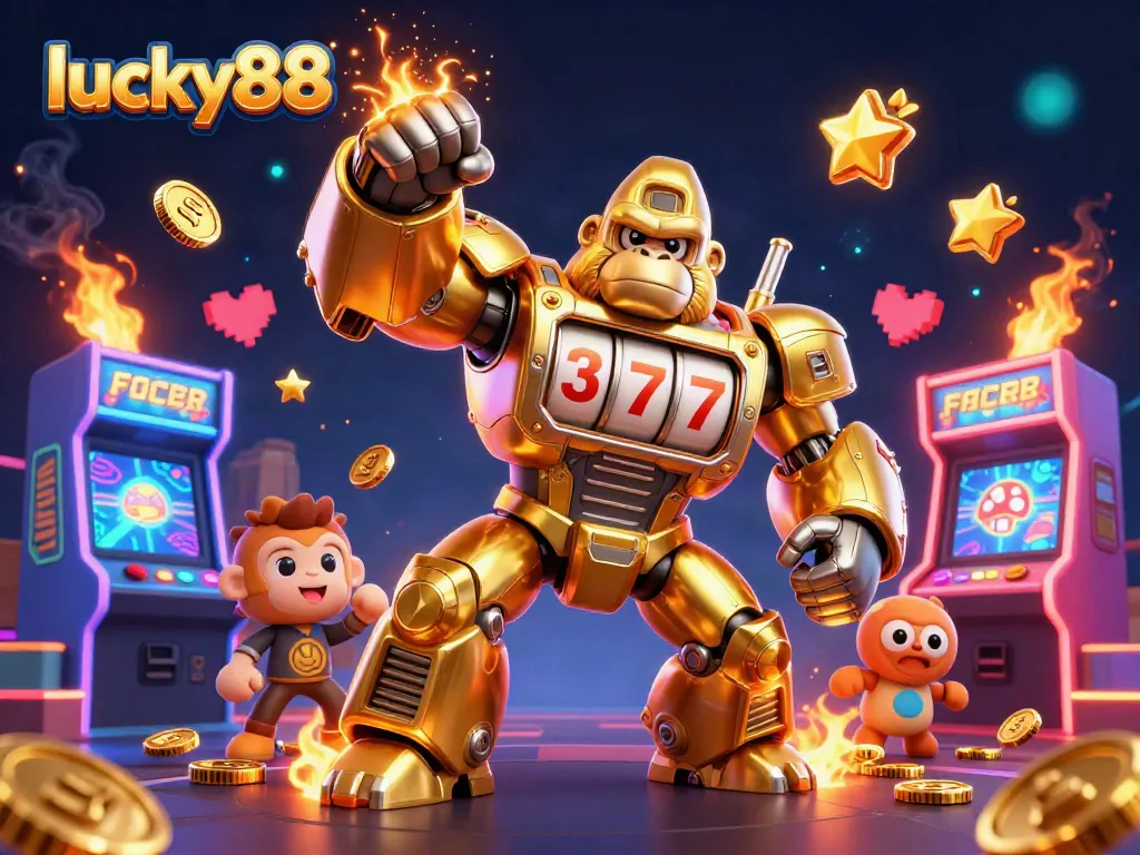 Experience vibrant action with lucky88's golden gorilla mech amidst explosive casino elements.