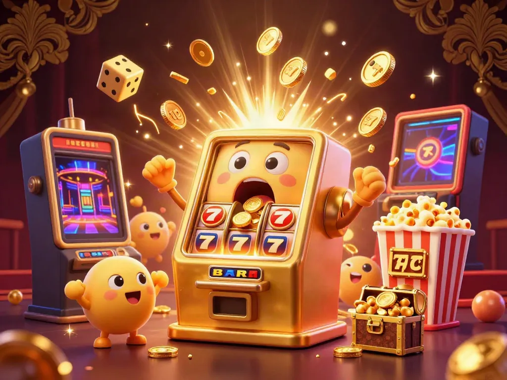 Experience the thrill at hu with the golden slot machine hitting jackpots, surrounded by cheering baby slots and golden coins.