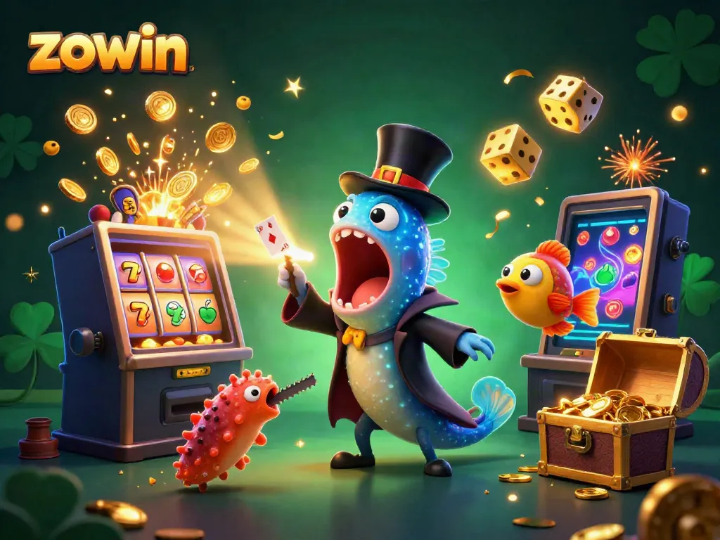 Zowin showcases a vibrant casino adventure with a cartoon eel magician and dazzling gaming elements.