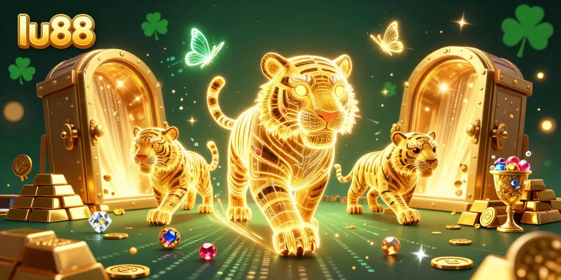 Experience the exciting digital casino adventure with lu88's golden tiger amidst gems and treasures.
