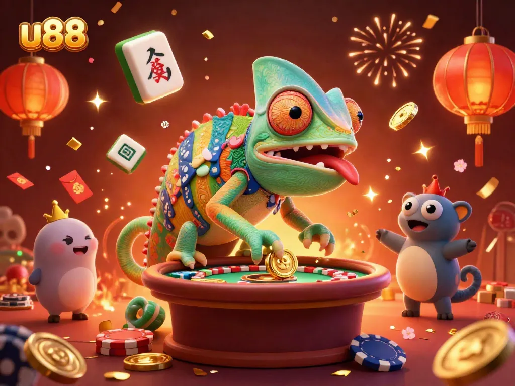 Experience the thrill with u88, featuring a lively chameleon casino owner surrounded by festive gambling elements and gold.