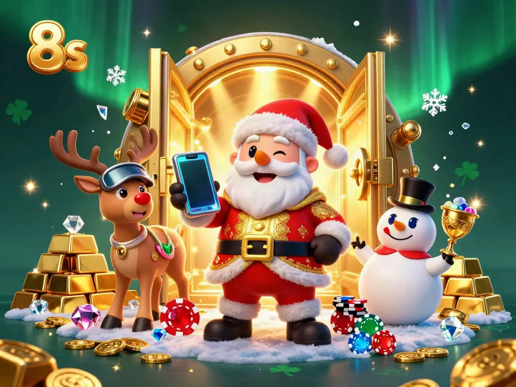 Experience thrilling jackpots with 8s through Santa, his reindeer, and a snowman in a festive casino.