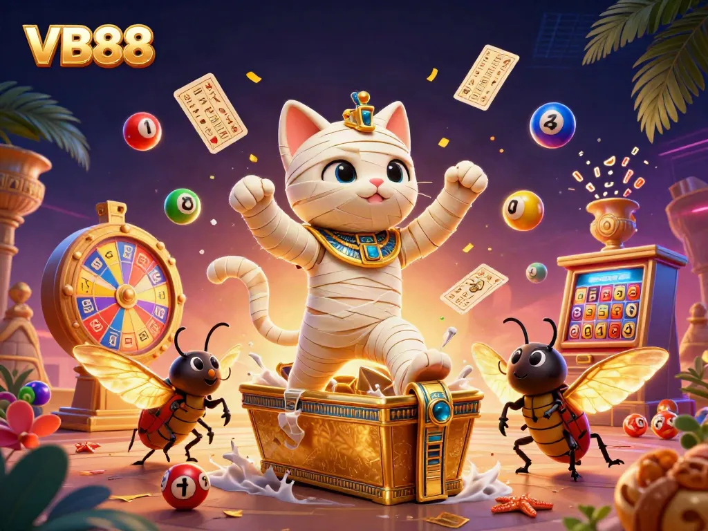 Experience the thrilling world of VB88 with an Egyptian mummy cat and a scarab beetle amidst vibrant casino elements.