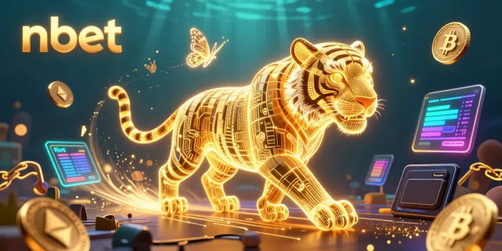 Experience the thrill of nbet's digital landscape with an energetic neon tiger and crypto coins.