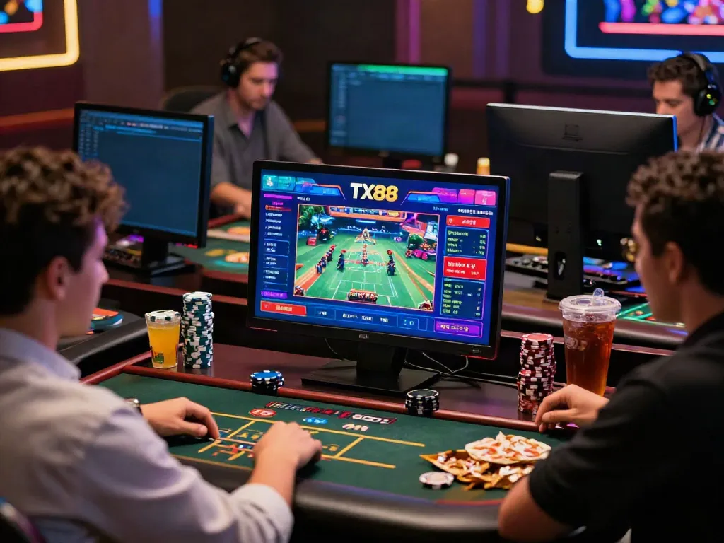 Engaged player on TX88 online betting platform at desktop surrounded by vibrant game graphics and snacks.