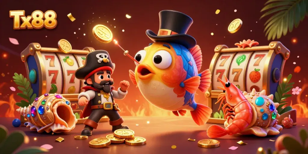 Engaging Tx88 gaming scene with a deep-sea anglerfish, shrimp, and sea snail capturing golden coins.
