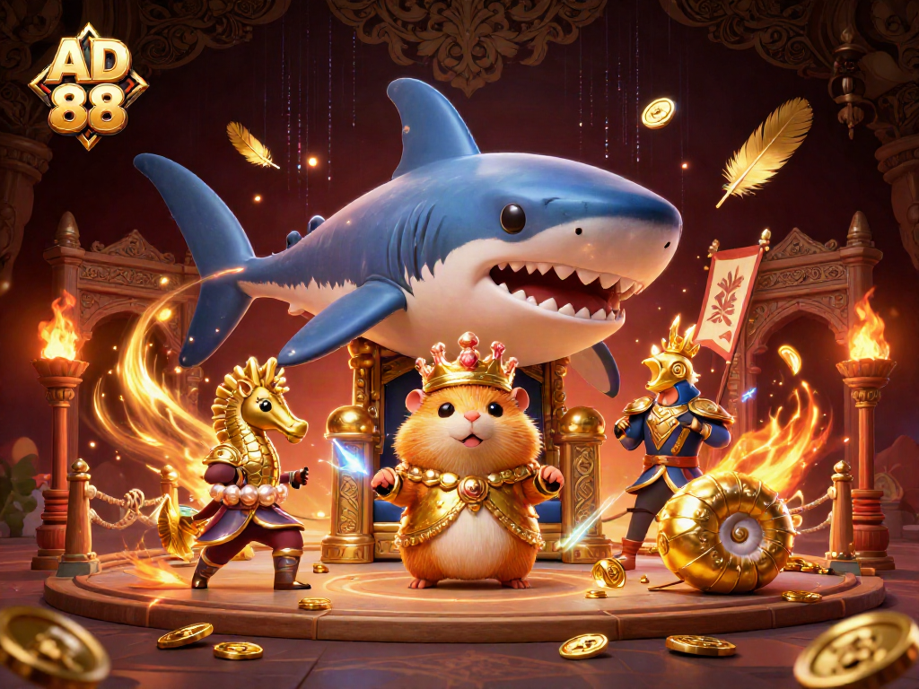 Join the fierce golden hamster king on his megalodon throne in this AD 88 casino illustration.