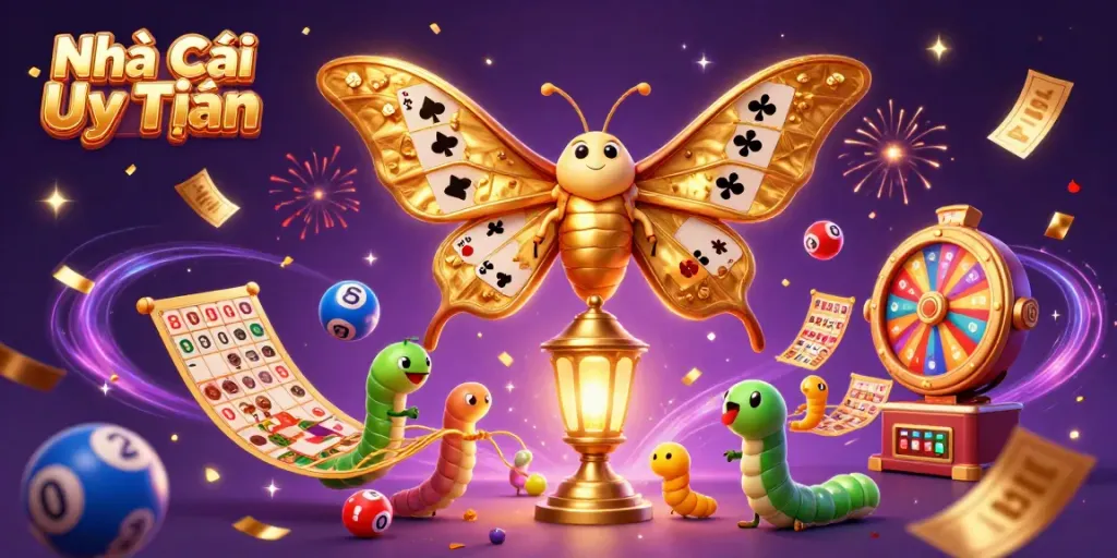 Experience the excitement of Nhà Cái Uy Tín with a vibrant 3D casino-themed illustration filled with dynamic gaming elements.