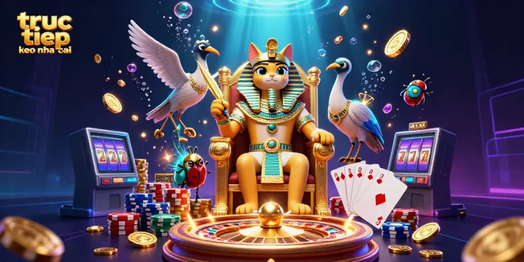 Experience the excitement of truc tiep keo nha cai with a vibrant 3D scene featuring a pharaoh cat, casino elements, and dynamic light.