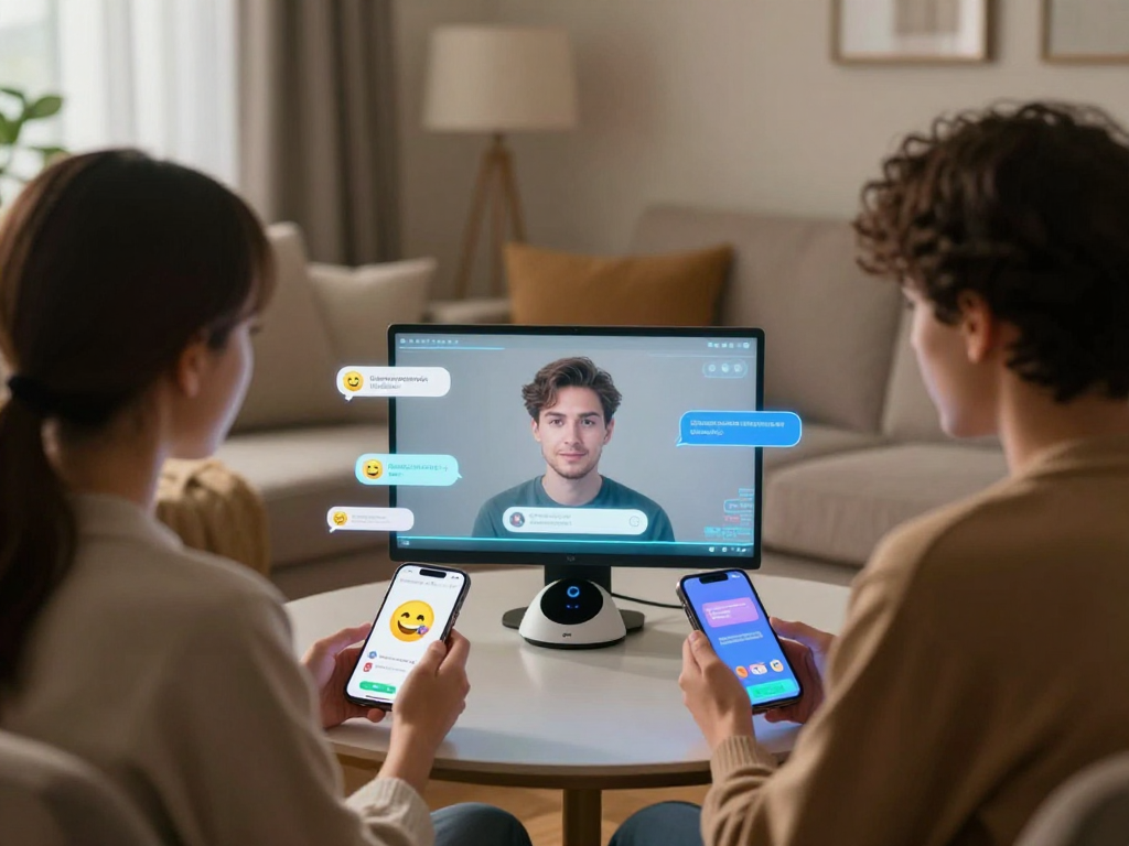 Couple engaging in intimate ai sex chat on digital devices while cozy at home.